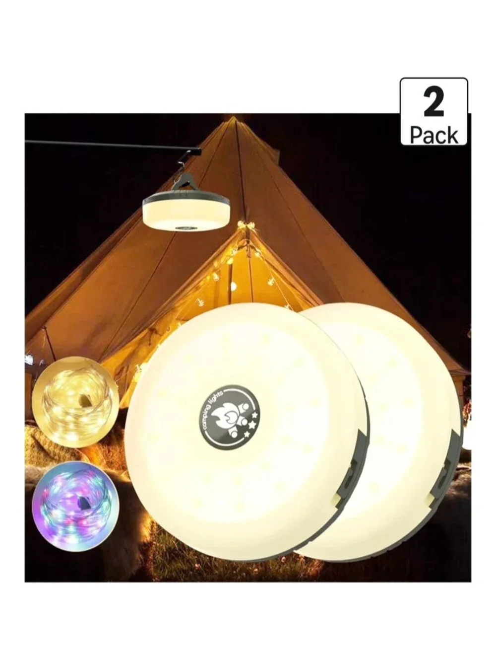 Cascade Rechargable Retractable Camping Lights 7 light modes 2 pack